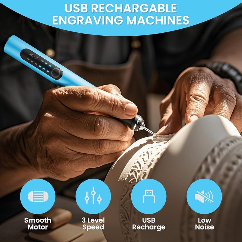 Timntts Electric Engraving Pen with 37 Bits, USB Rechargeable Cordless Etching Engraving Tool, Portable DIY Rotary Engraver for Jewelry Wood Glass Stone Carving (Blue) - Image 5